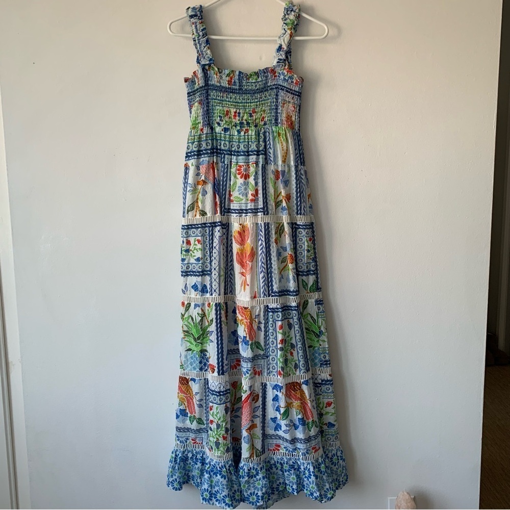 Farm Rio Tropical Tiles Cotton Square Neck Smocked Tiered A Line Maxi Dress - Picture 7 of 12